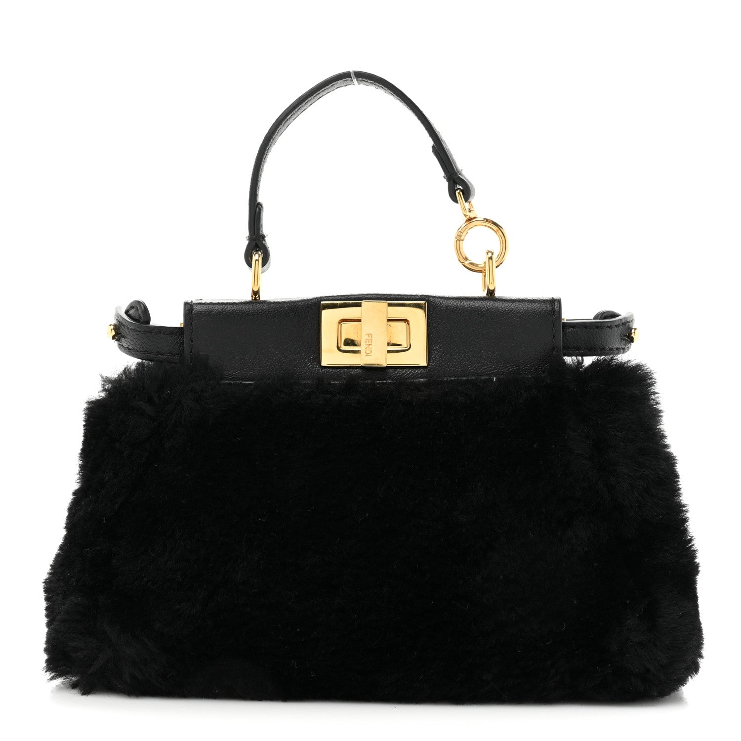 Fendi Shearling Shiny Nappa Micro Peekaboo Iconic Satchel Black 1 of 9