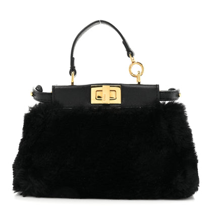 Fendi Shearling Shiny Nappa Micro Peekaboo Iconic Satchel Black 1 of 9