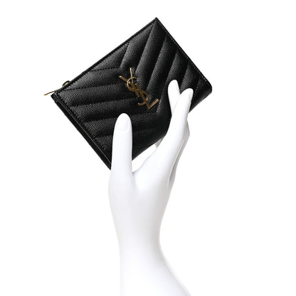 Saint Laurent Grain De Poudre Matelasse Chevron Monogram Zipped Card Case Black 2 of 7