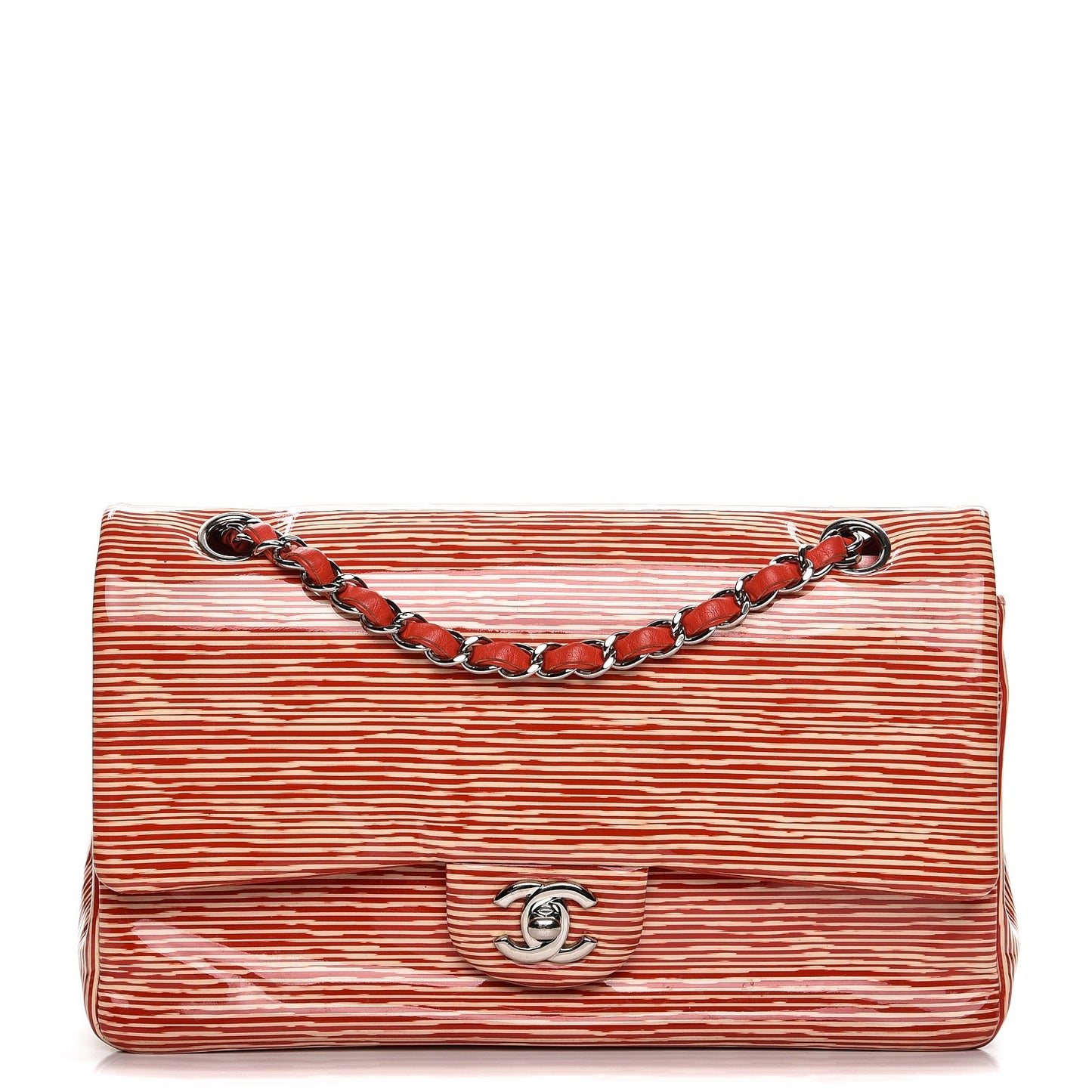 Patent Calfskin Striped Medium Double Flap Red