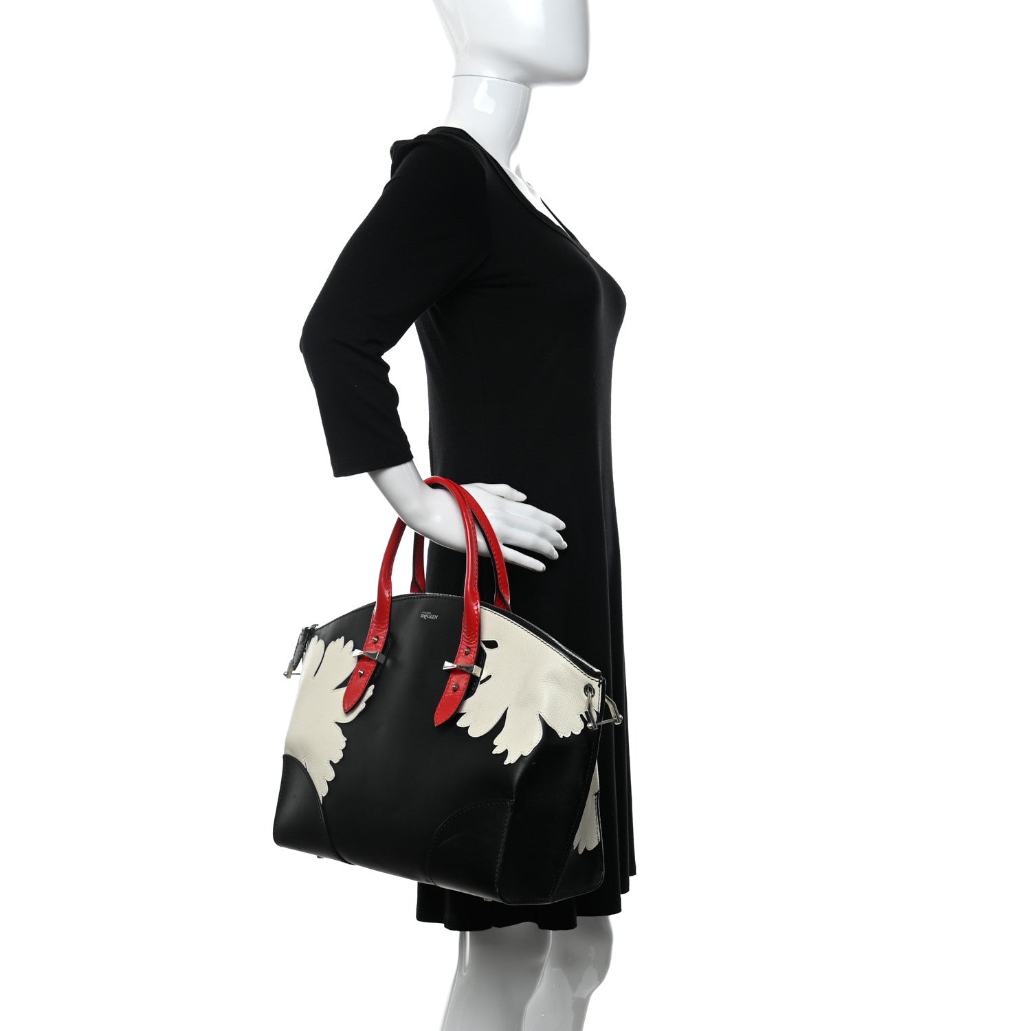Alexander McQueen Lambskin Applique Lotus Flower De Manta Tote Black Red 2 of 17