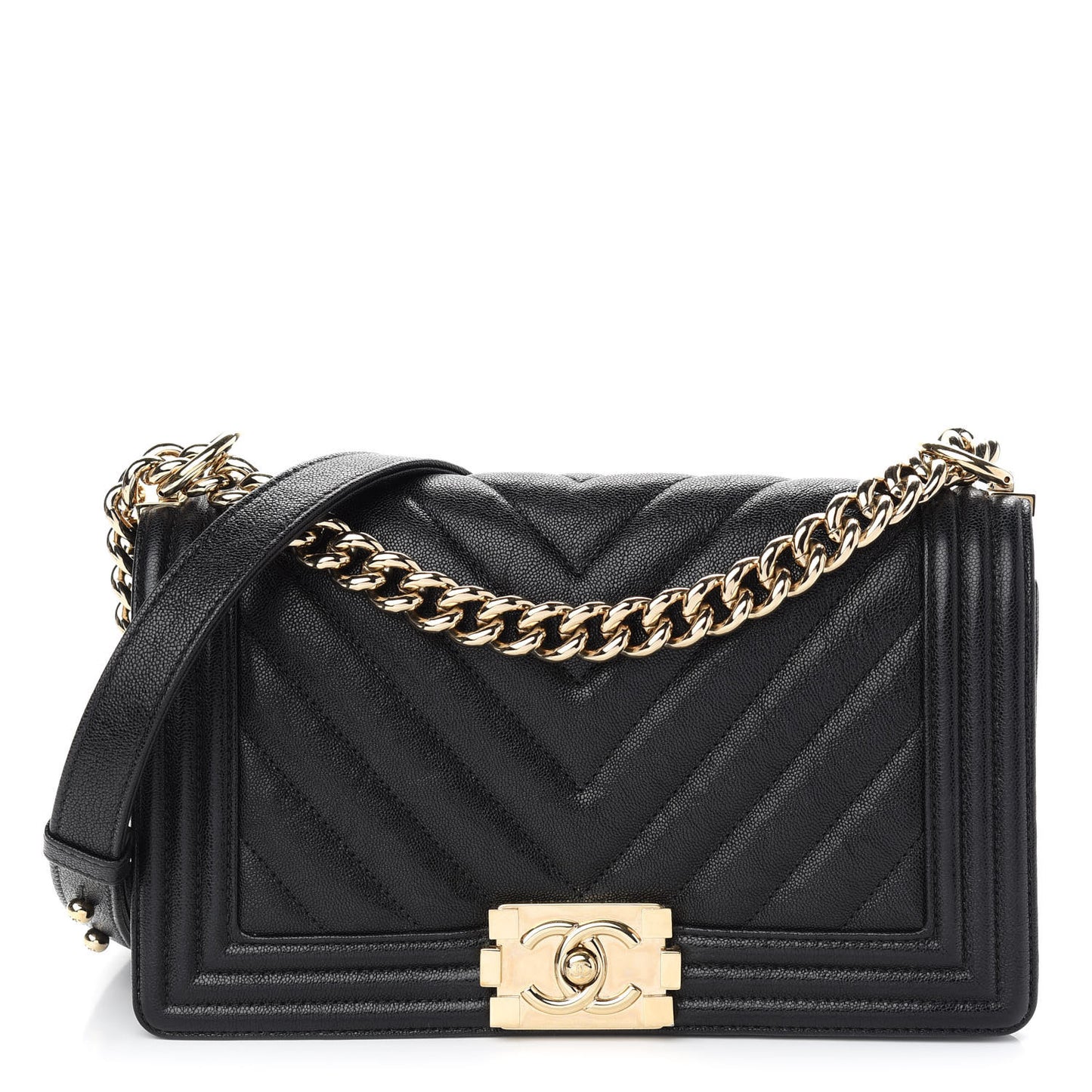 Caviar Chevron Quilted Medium Boy Flap Black