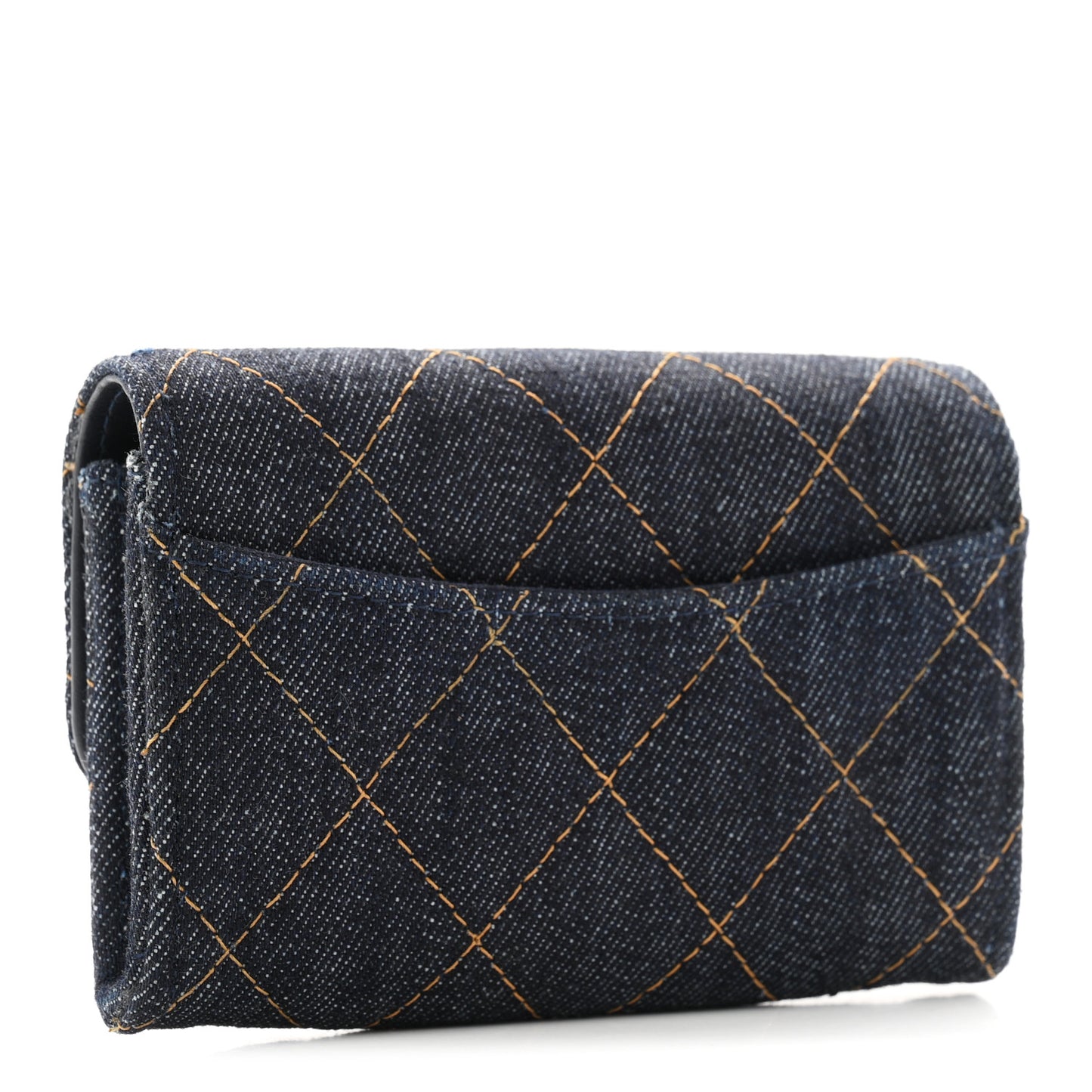 Denim Quilted Flap Card Holder Wallet Dark Blue Orange