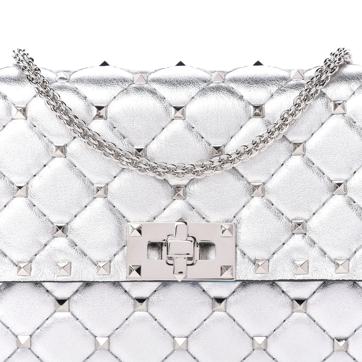Metallic Nappa Rockstud Spike Wallet on Chain Silver