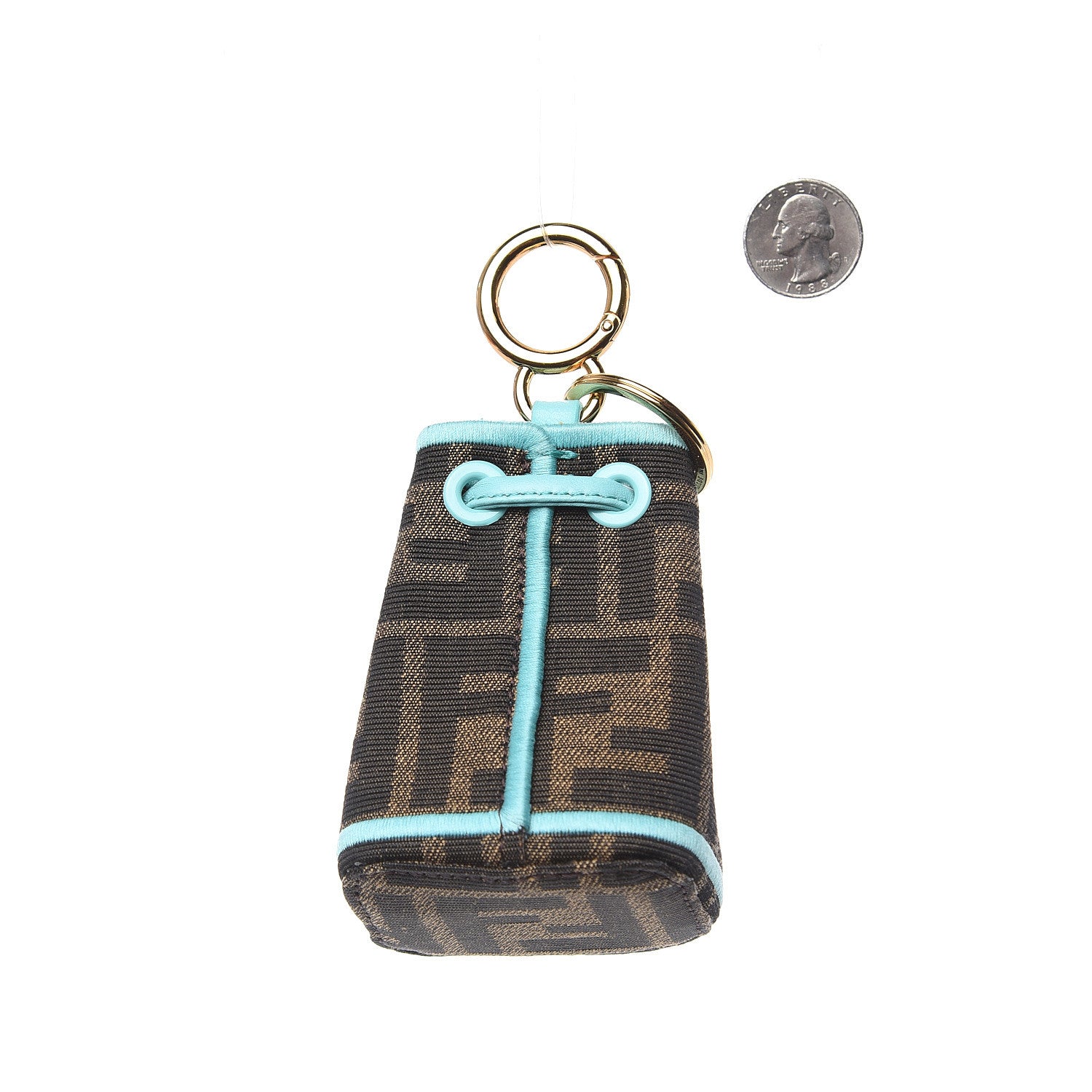 Fendi Fabric Jacquard FF Micro Mon Tresor Bucket Bag Key Charm Mogano Panna 2 of 3