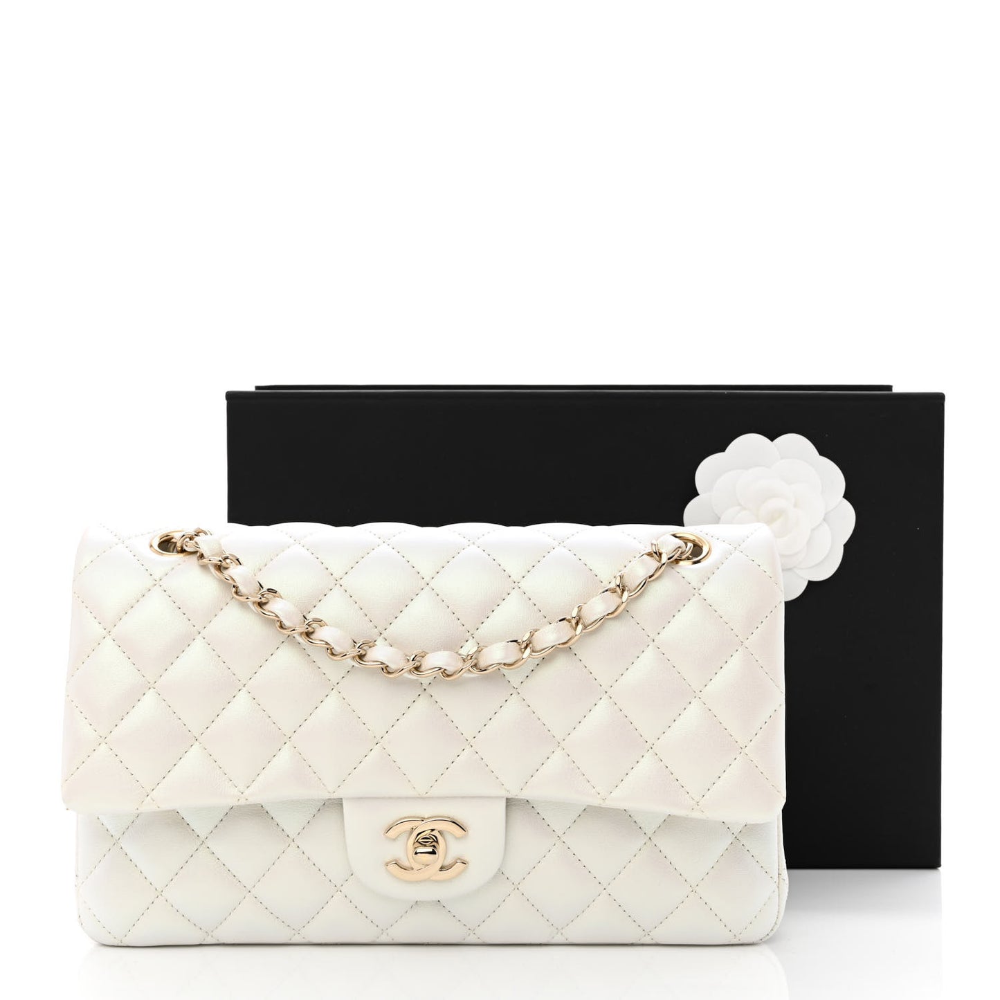 Iridescent Calfskin Quilted Medium Double Flap White