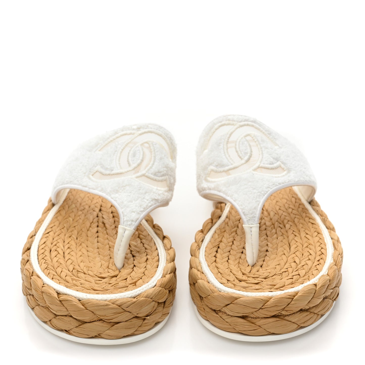 Terry Cloth Raffia CC Logo Thong Sandals 38 White