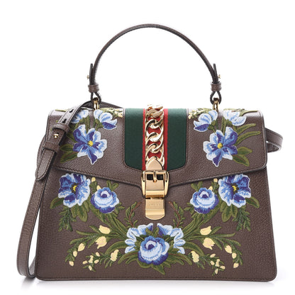 Gucci Calfskin Embroidered Medium Sylvie Top Handle Bag New Acero Multicolor 1 of 8