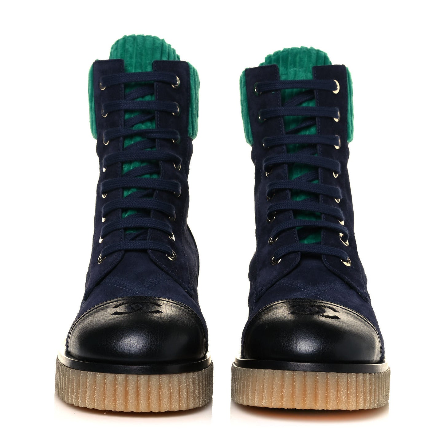 Suede Calfskin Velvet Quilted CC Combat Boots 38.5 Navy Green Black