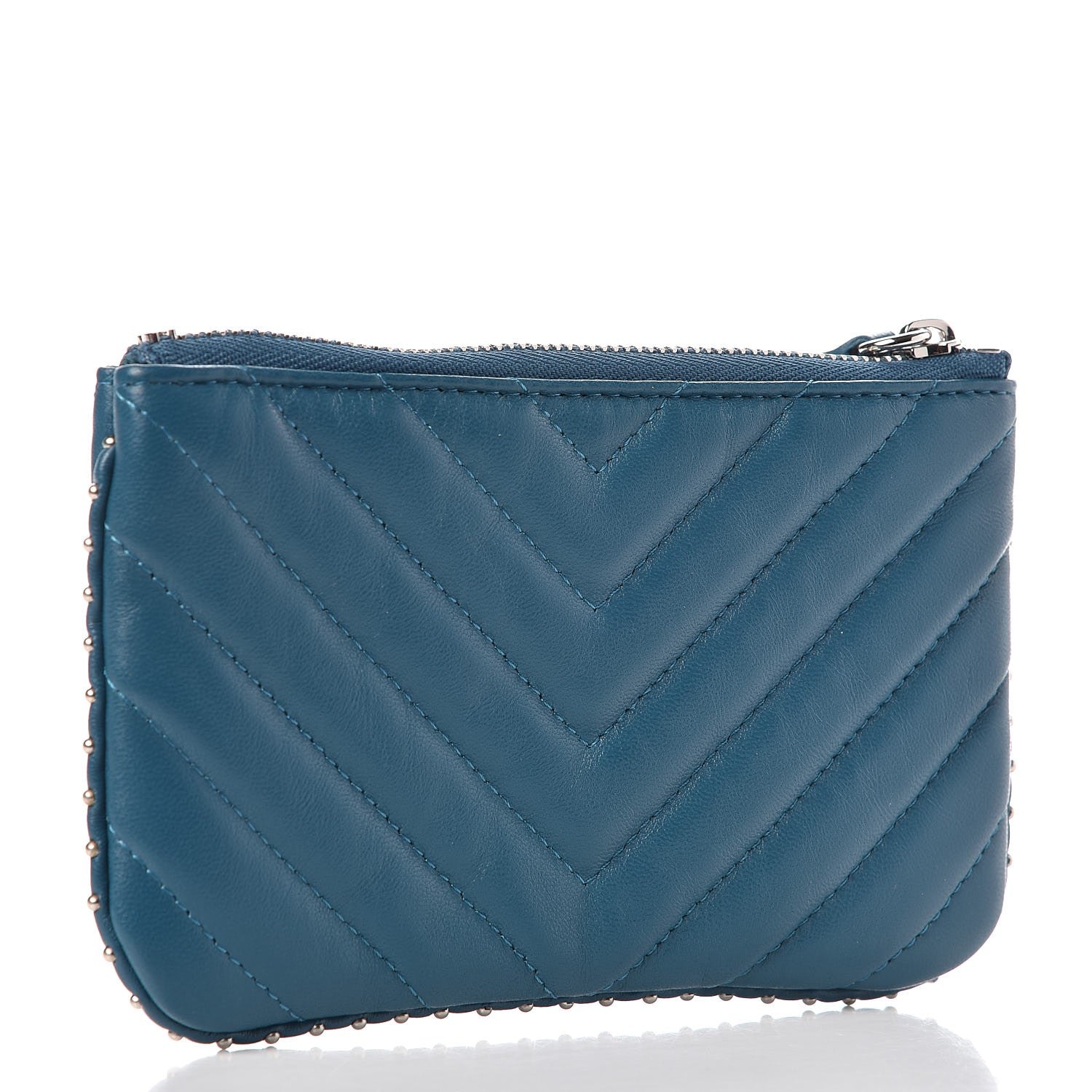 Chanel Lambskin Chevron Quilted Studded Small Cosmetic Case Blue 3 of 8