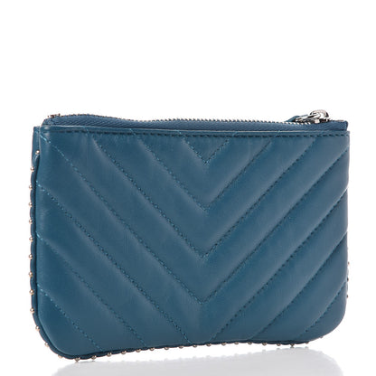 Chanel Lambskin Chevron Quilted Studded Small Cosmetic Case Blue 3 of 8