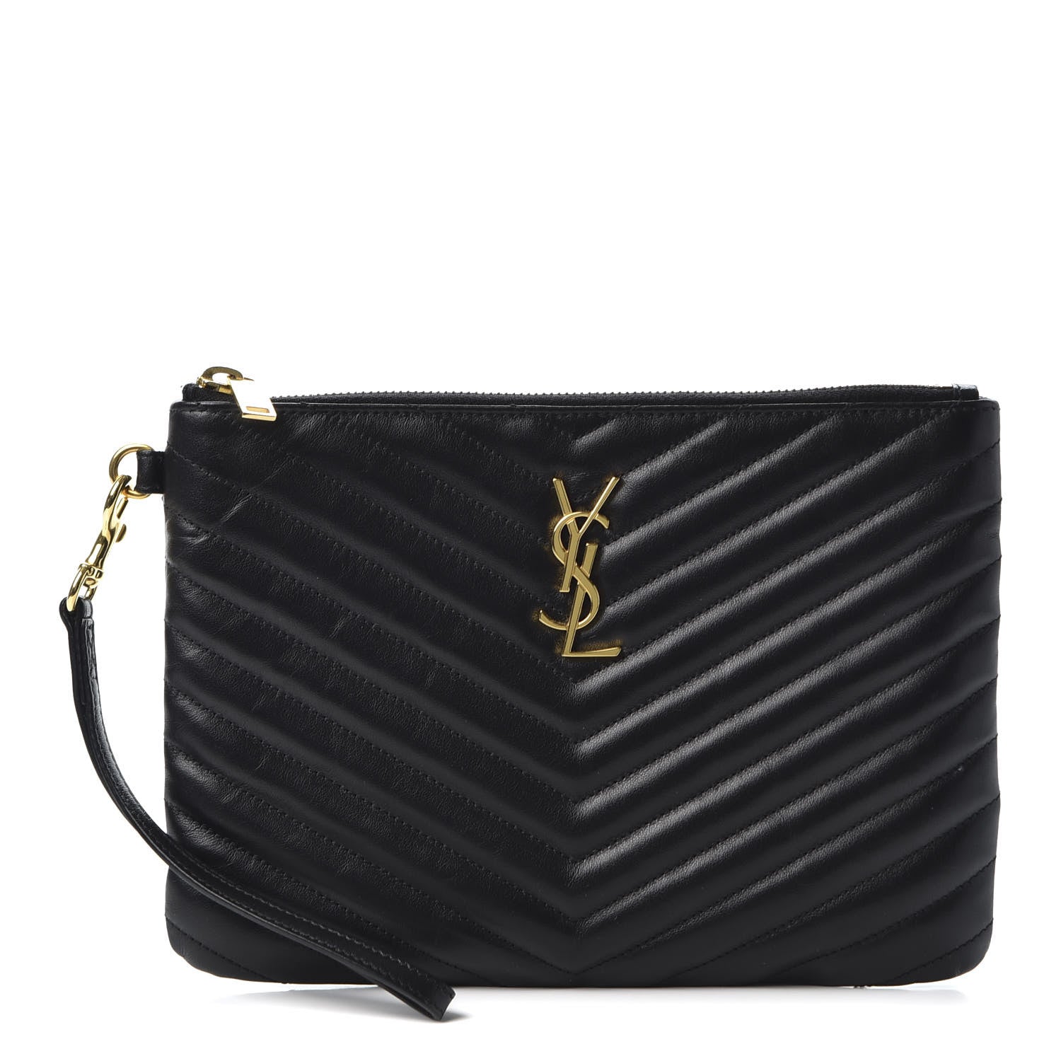 Saint Laurent Calfskin Matelasse Chevron Monogram A5 Wristlet Black 1 of 9