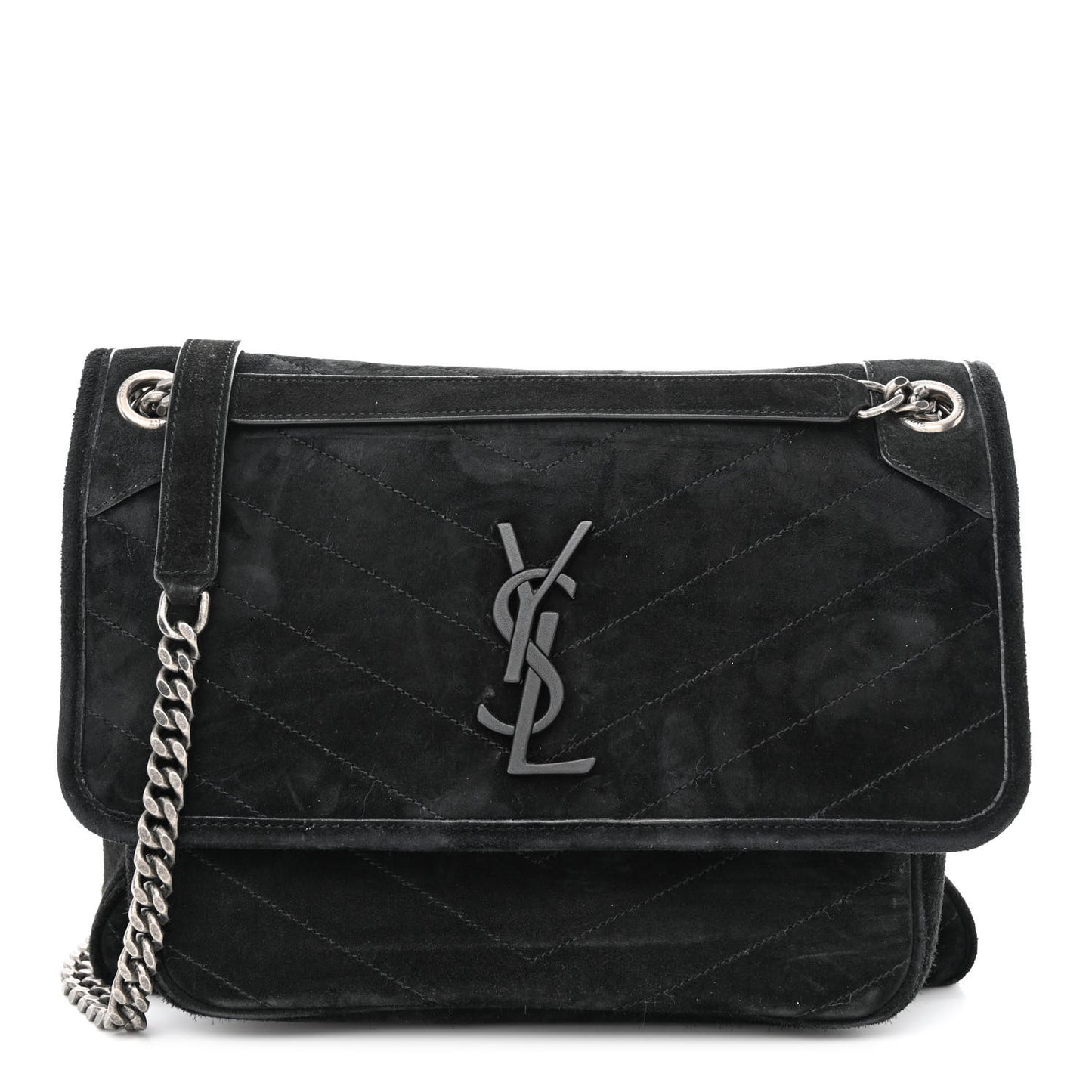 Suede Monogram Matelasse Medium Niki Chain Satchel Black