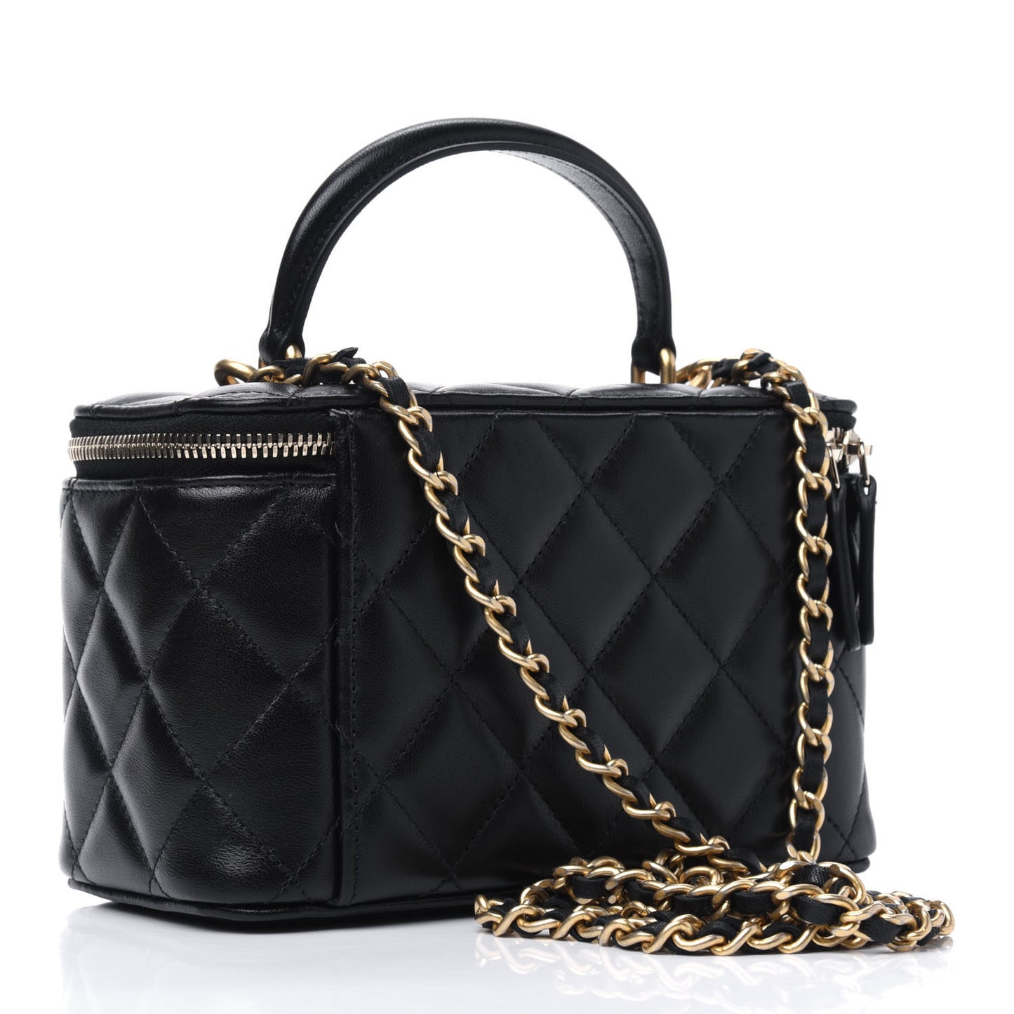 Lambskin Quilted Small Top Handle Vanity Case With Chain Black