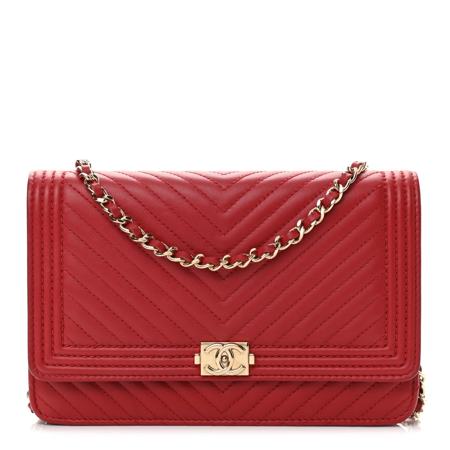 Calfskin Chevron Quilted Boy Wallet On Chain WOC Red
