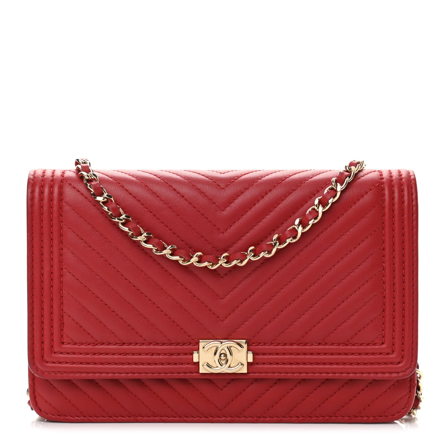 Chanel Calfskin Chevron Quilted Boy Wallet On Chain WOC Red 2 of 13