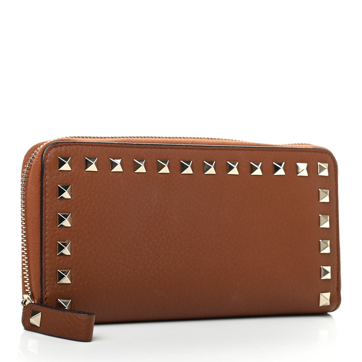Pebbled Calfskin Rockstud Zip Around Wallet Bright Cognac
