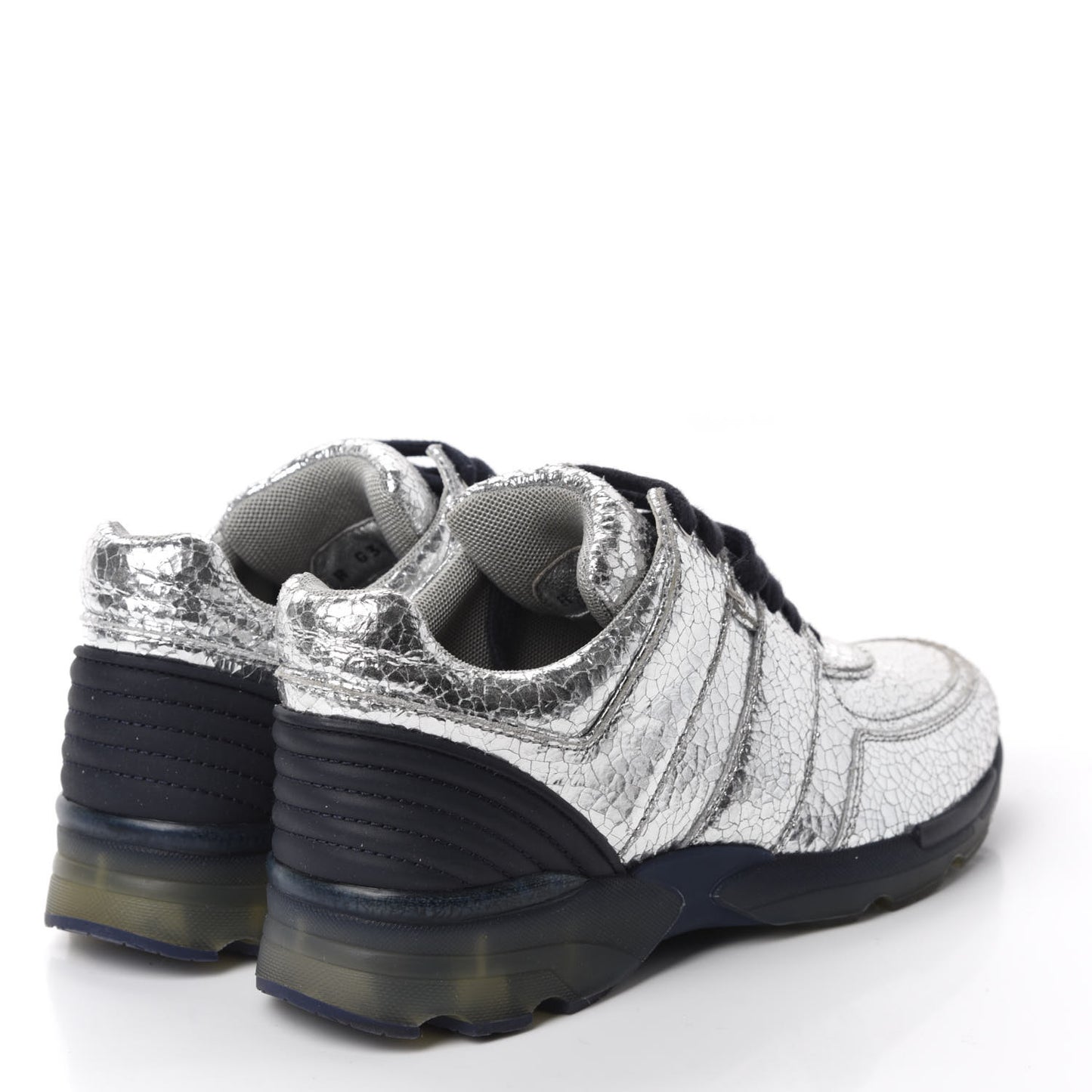 Metallic Crackled Calfskin CC Sneakers 36.5 Silver Black Navy