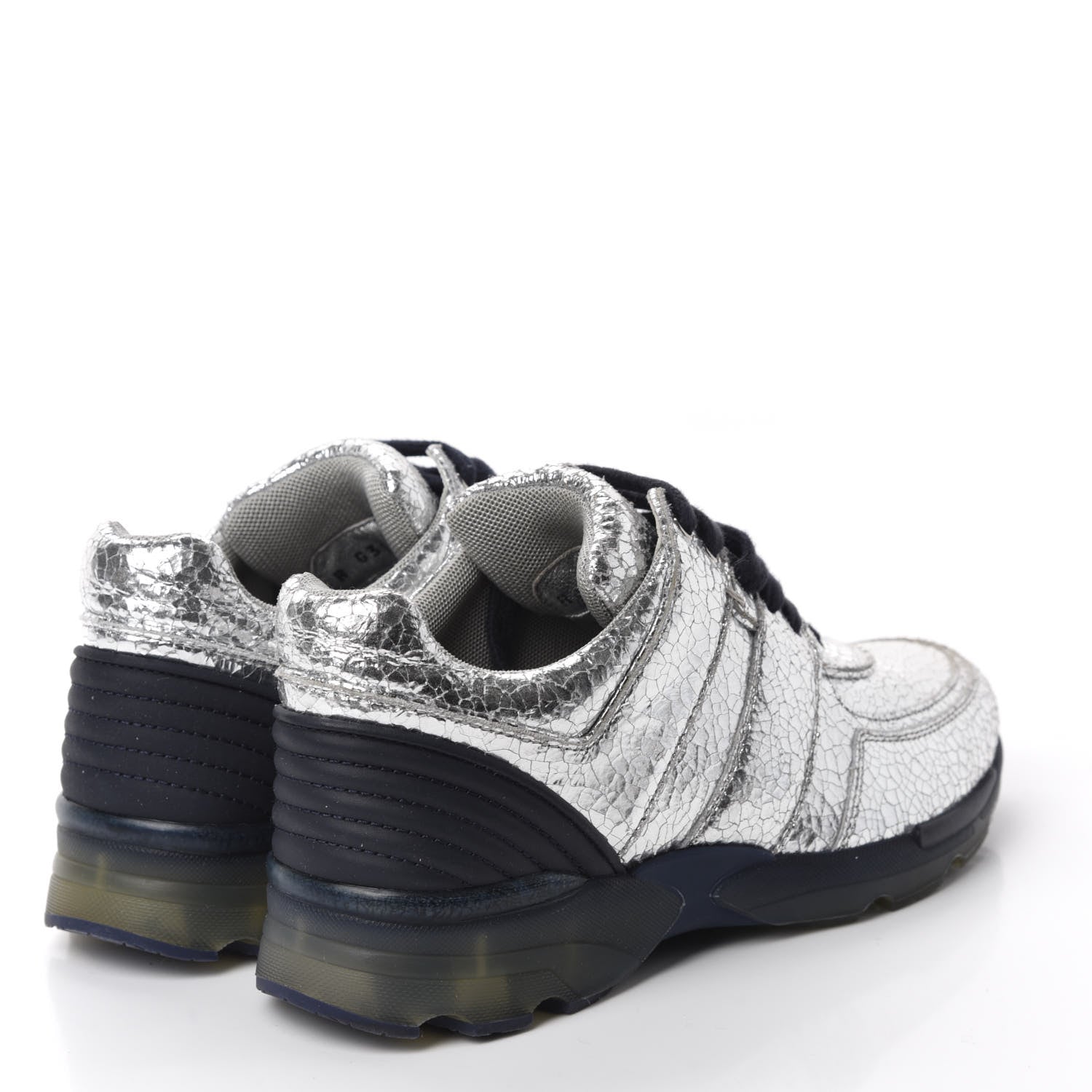 Chanel Metallic Crackled Calfskin CC Sneakers 36.5 Silver Black Navy 4 of 9