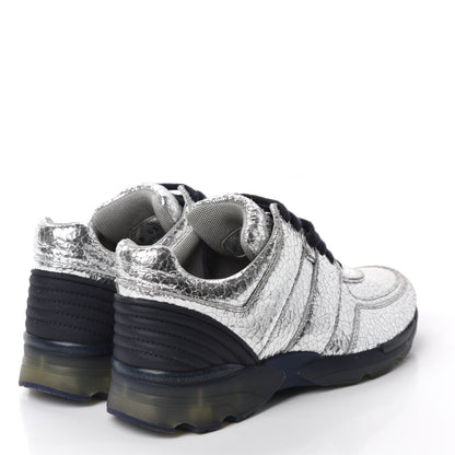 Chanel Metallic Crackled Calfskin CC Sneakers 36.5 Silver Black Navy 4 of 9
