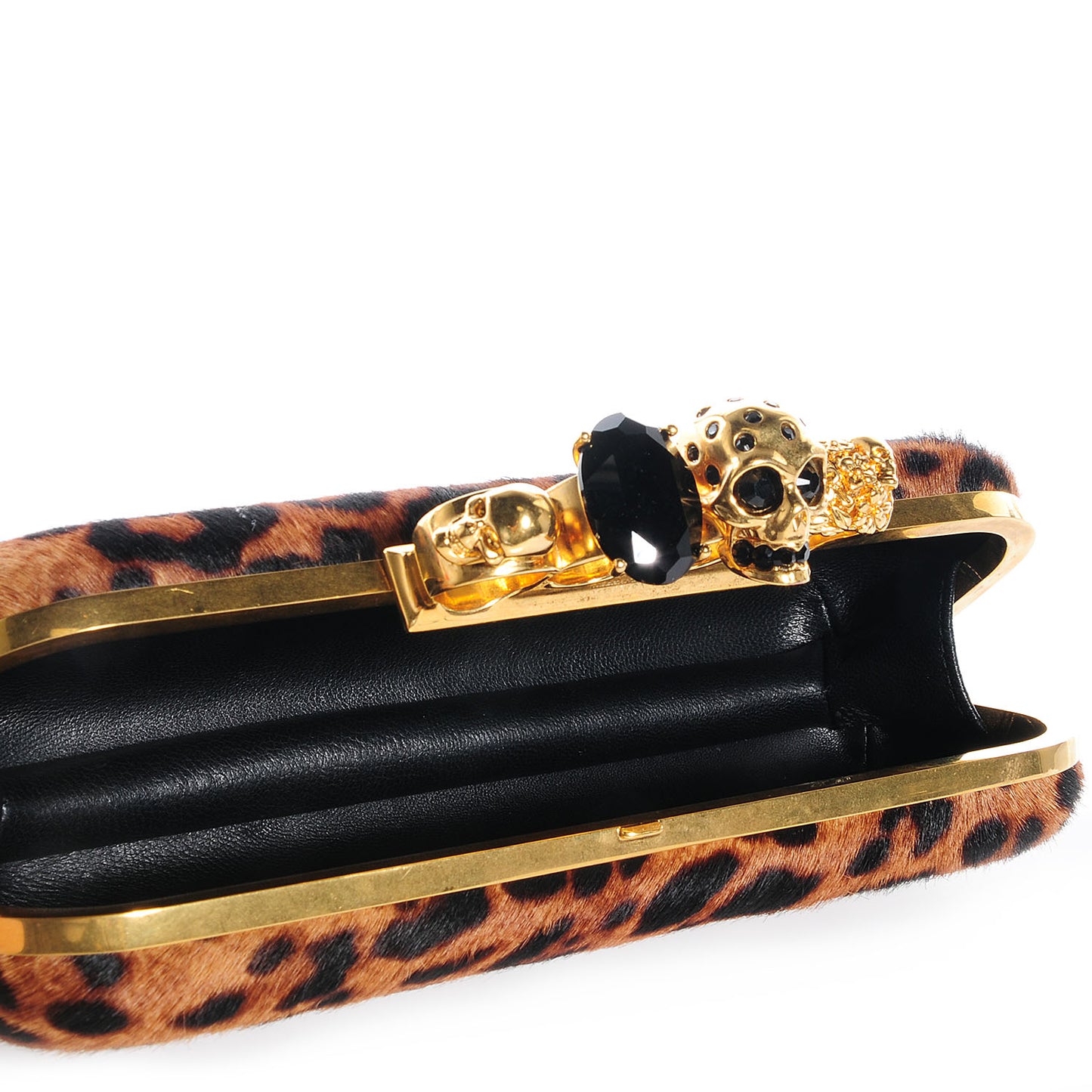 Calf Hair Leopard Print Knuckle Box Clutch Brown Black