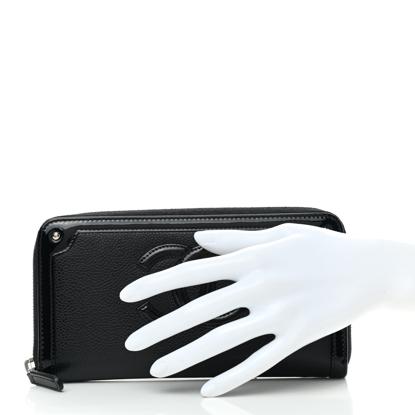 Caviar Patent Small CC Contour Zip Around Wallet Black