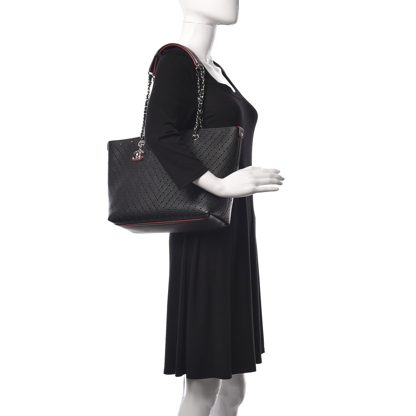 Perforated Grained Calfskin Large Shopping Tote Black
