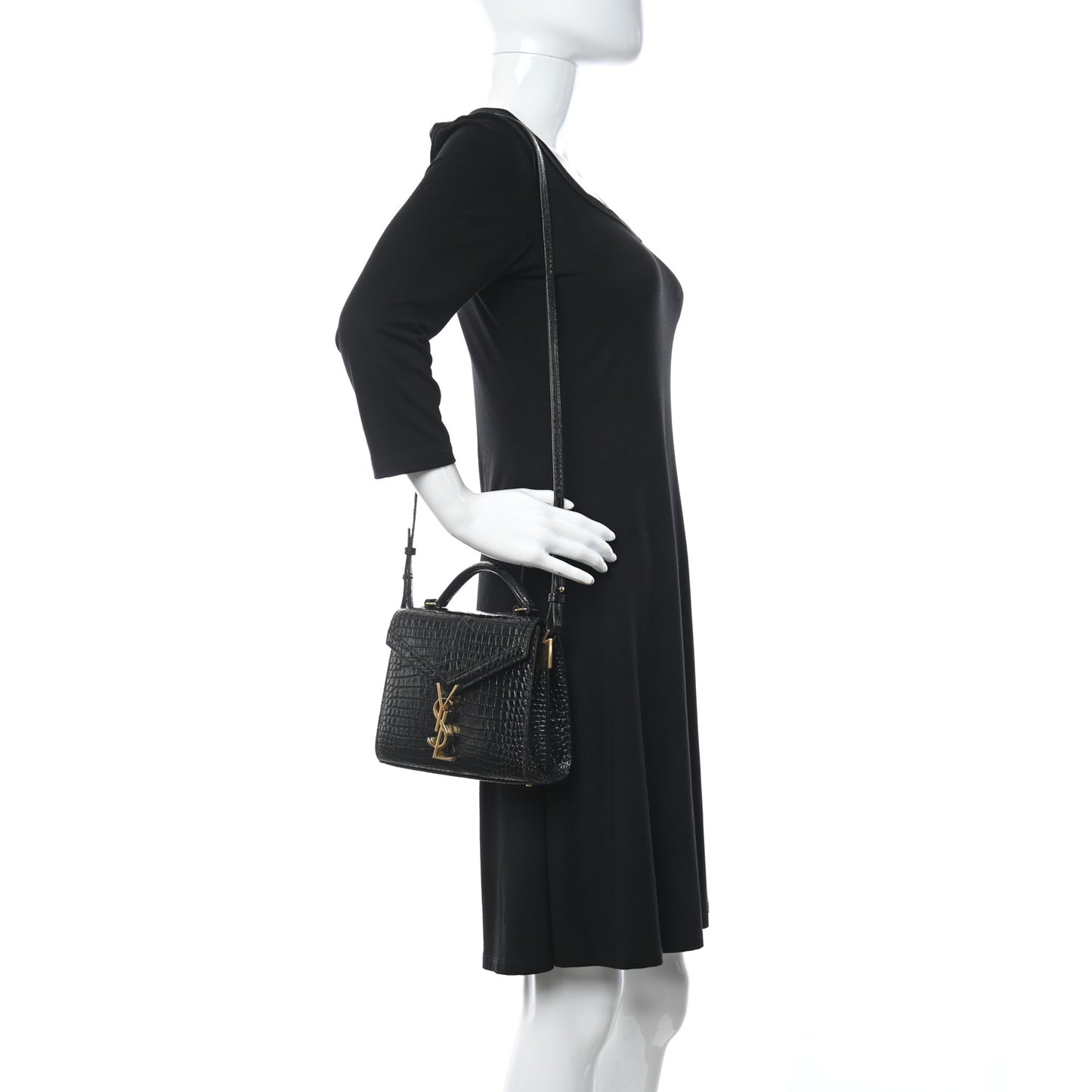 Calfskin Crocodile Embossed Mini Classic Monogram Cassandra Top Handle Black