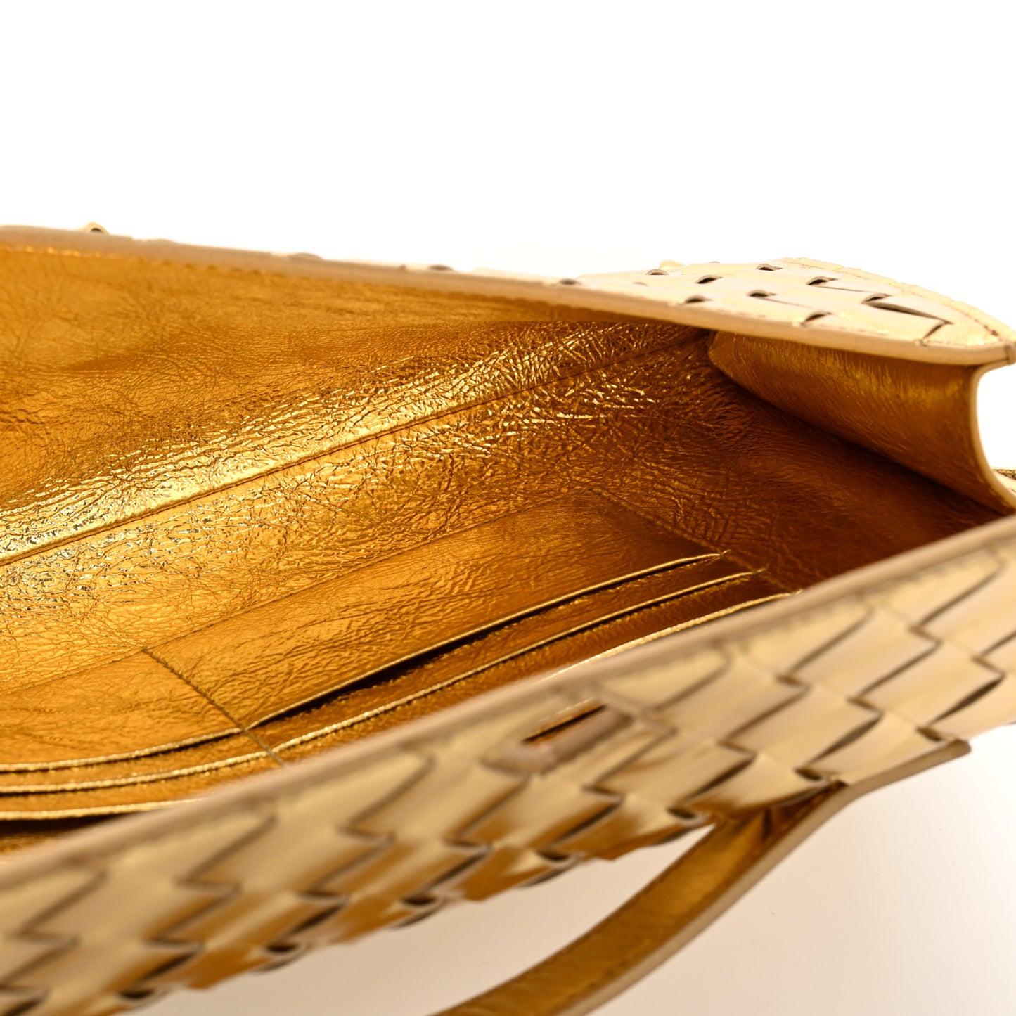 Metallic Lambskin Intrecciato Long Andiamo Top Handle Clutch Gold