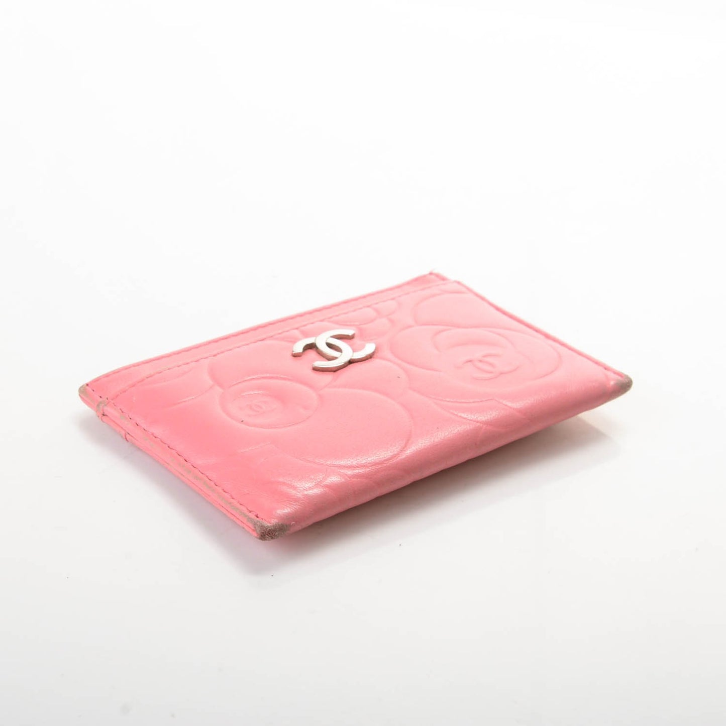 Lambskin Camellia Embossed Card Holder Pink