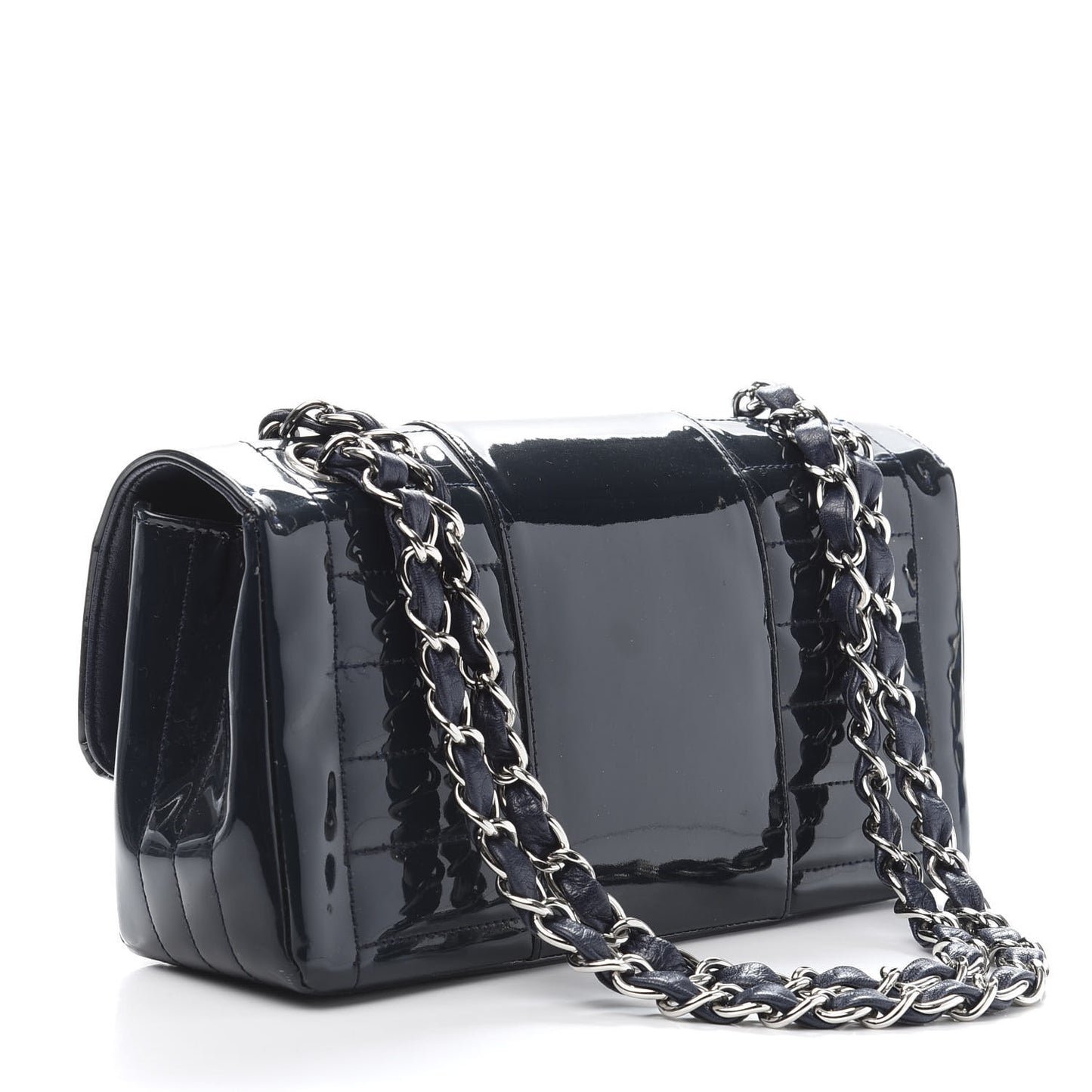 Patent Horizontal Quilted Medium Single Flap Dark Navy Blue