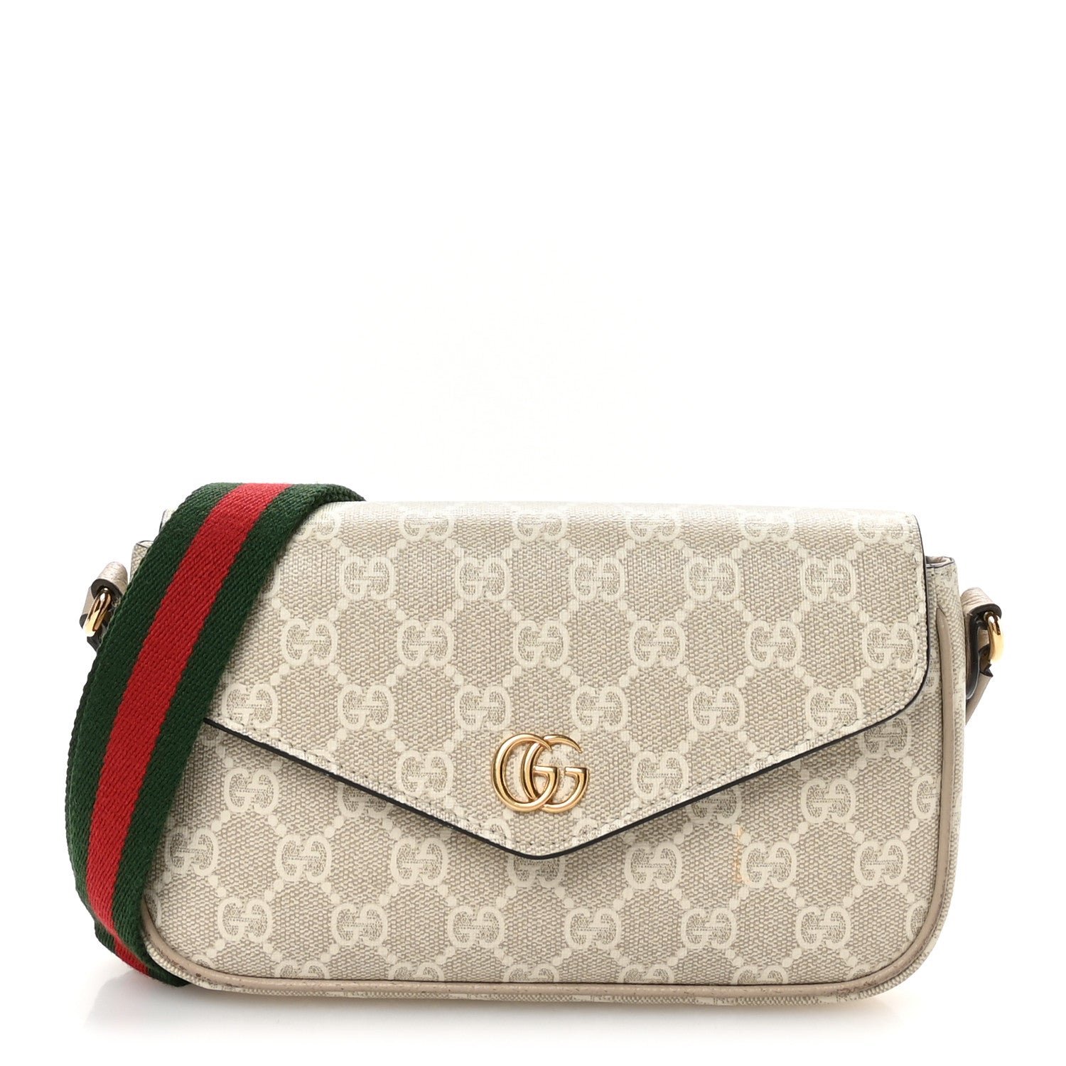 Gucci GG Supreme Monogram Textured Dollar Calfskin Web Mini Ophidia Envelope Shoulder Bag Beige Mystic White Oatmeal 1 of 11