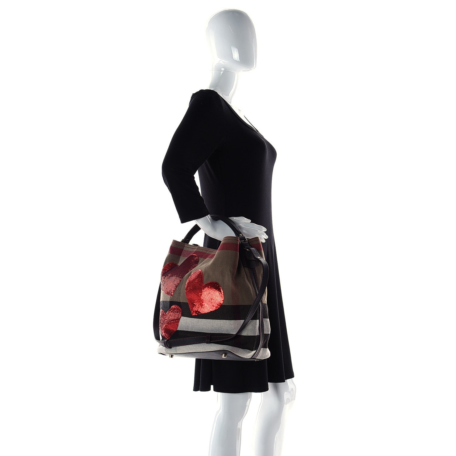 Burberry Canvas Mega Check Sequin Heart Medium Ashby Hobo Black 3 of 13