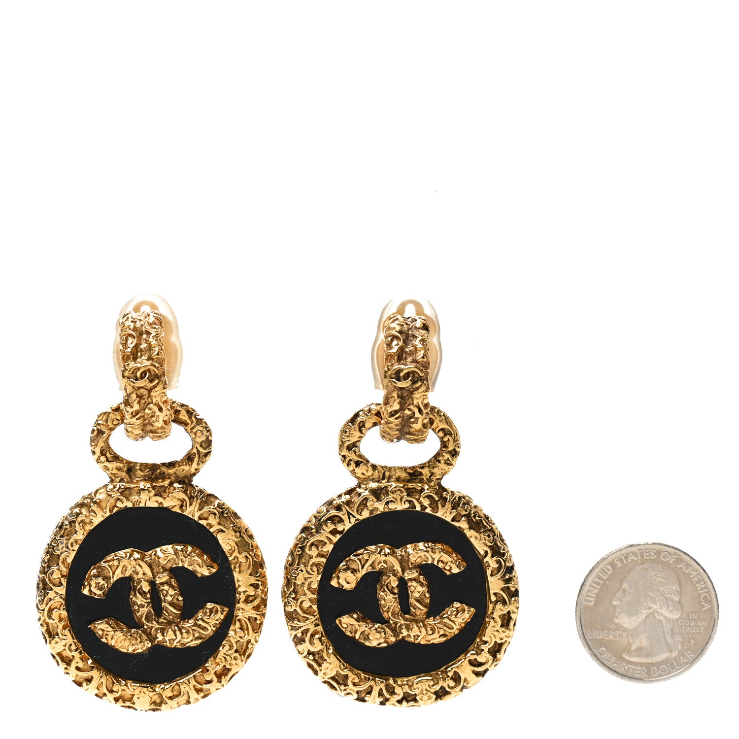 Chanel CC Round Drop Clip On Earrings Black Gold 2 of 4