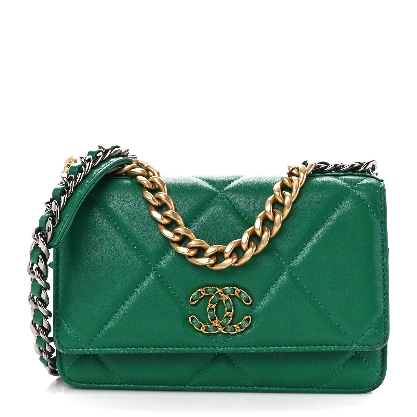 Lambskin Quilted Chanel 19 Wallet On Chain WOC Green