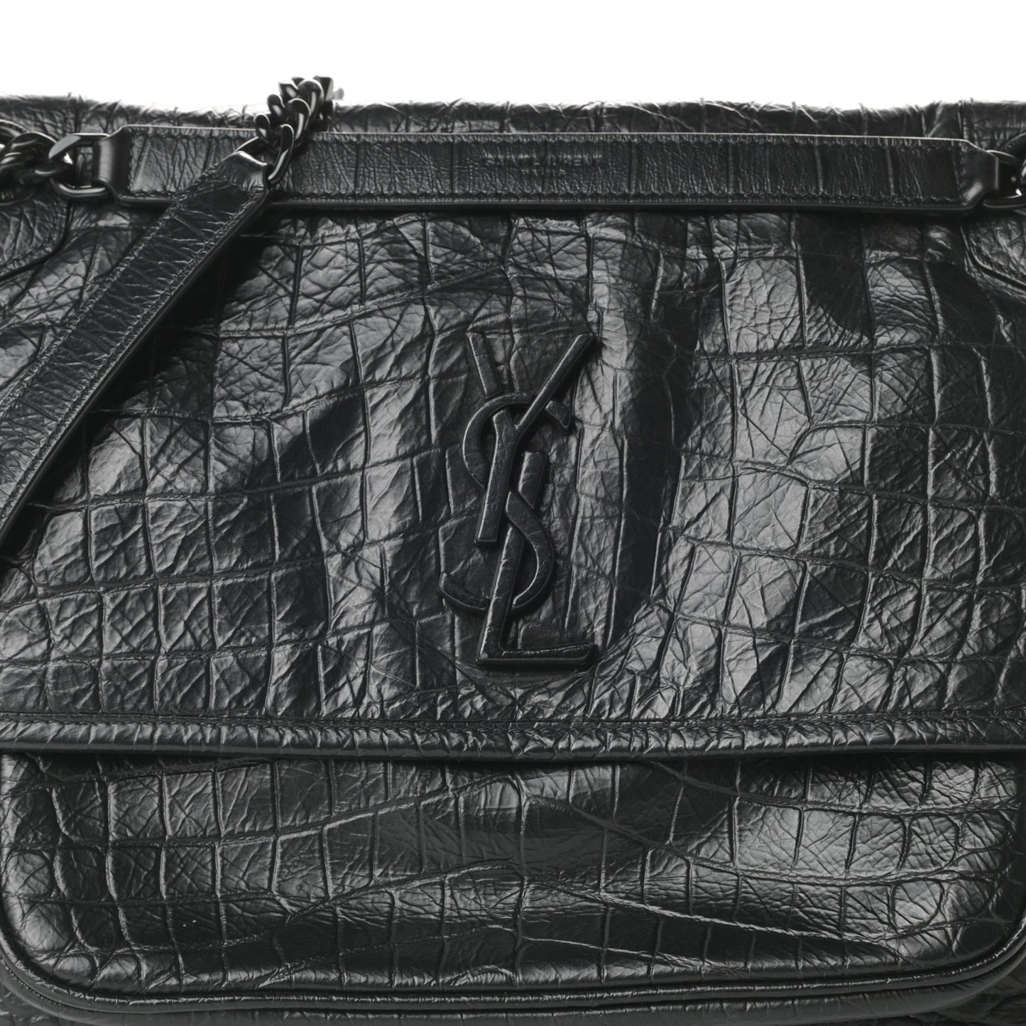 Crocodile Embossed Lambskin Monogram Medium Niki Chain Satchel Black
