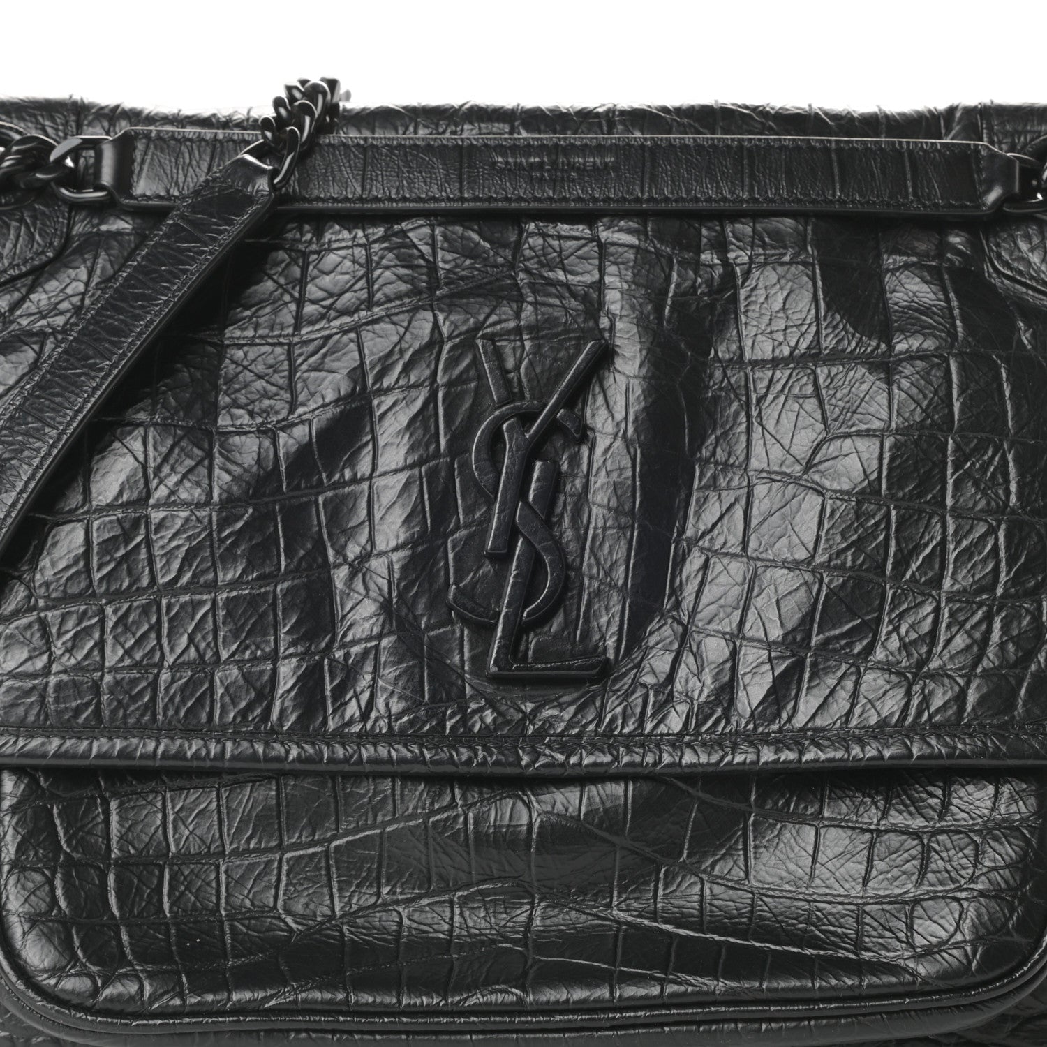 Saint Laurent Crocodile Embossed Lambskin Monogram Medium Niki Chain Satchel Black 9 of 11