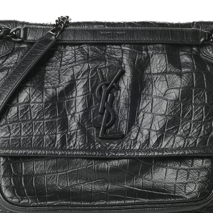 Saint Laurent Crocodile Embossed Lambskin Monogram Medium Niki Chain Satchel Black 9 of 11
