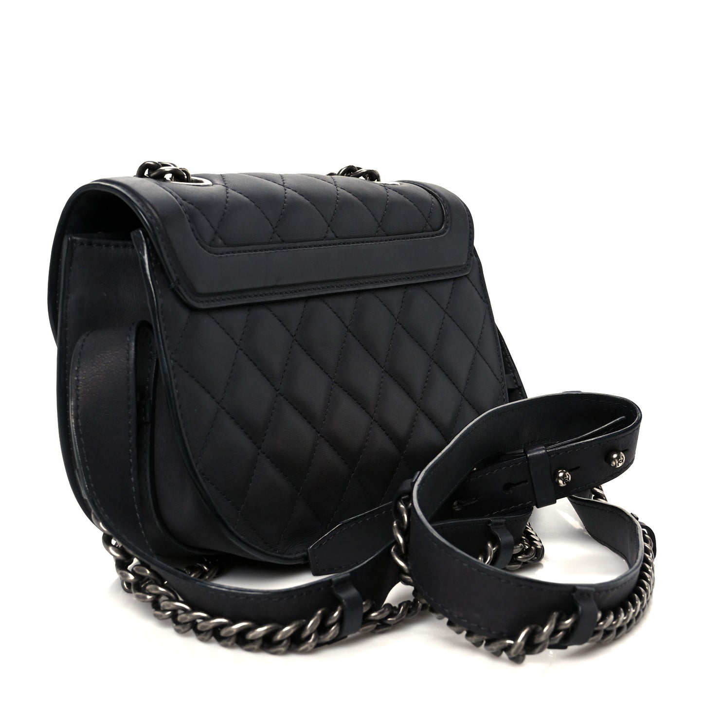 Shiny Goatskin Quilted Small Double Chained Messenger Flap Black