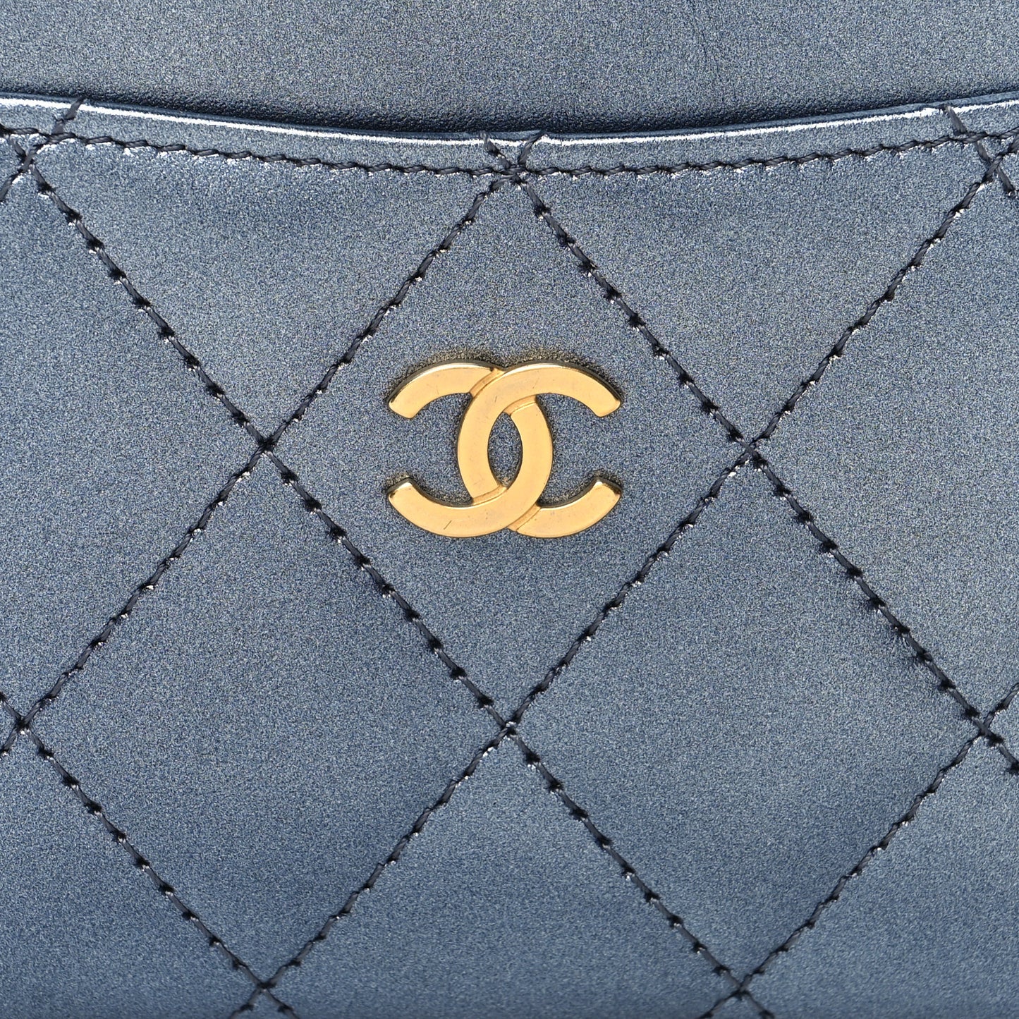 Metallic Lambskin Quilted Card Holder Dark Blue