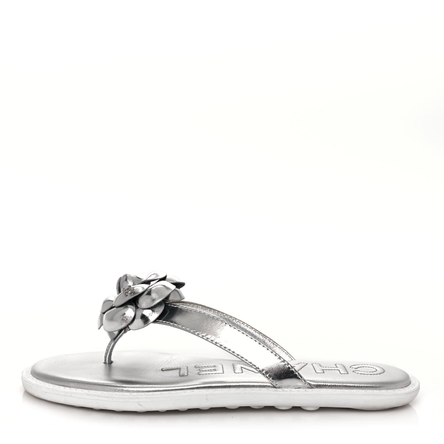 Chanel Iridescent Patent Calfskin Camellia Thong Sandals 37 Silver 1 of 8