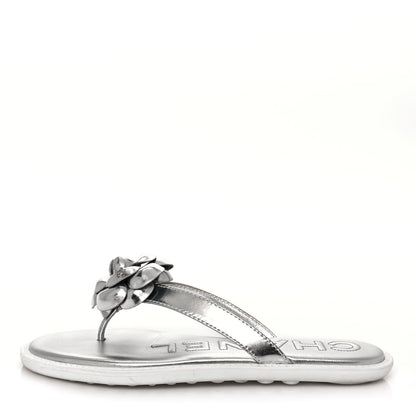 Chanel Iridescent Patent Calfskin Camellia Thong Sandals 37 Silver 1 of 8
