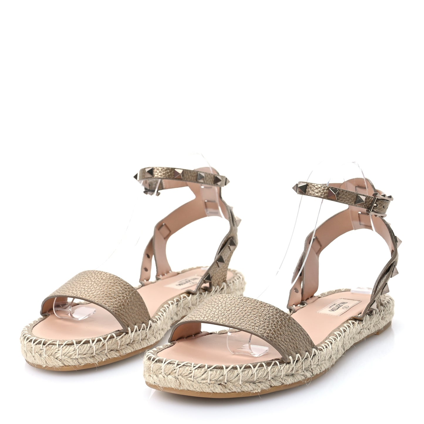 Metallic Grained Calfskin Rockstud Ankle Strap Espadrille Flat Sandals 40 Skin Natural