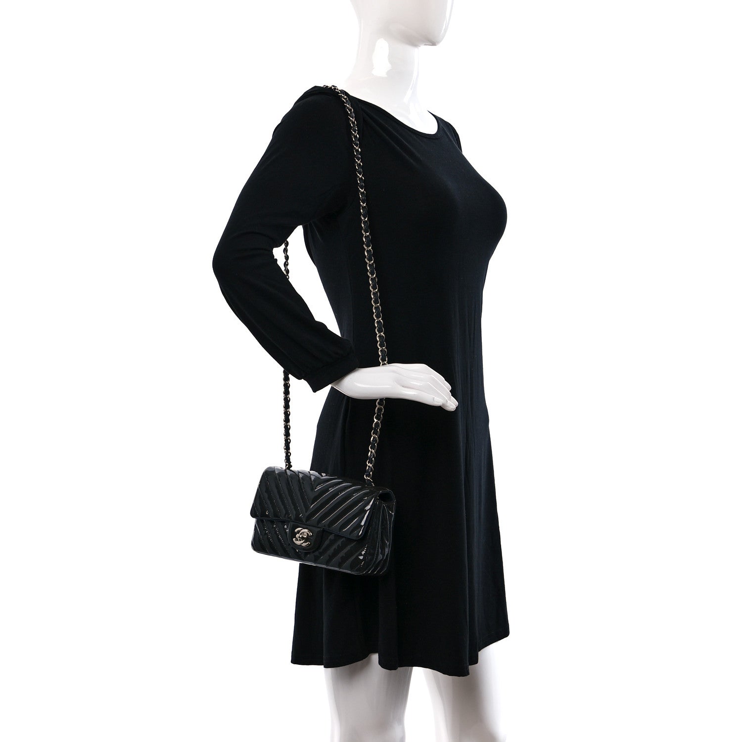 Chanel Patent Calfskin Chevron Quilted Mini Rectangular Flap Navy Blue 2 of 11