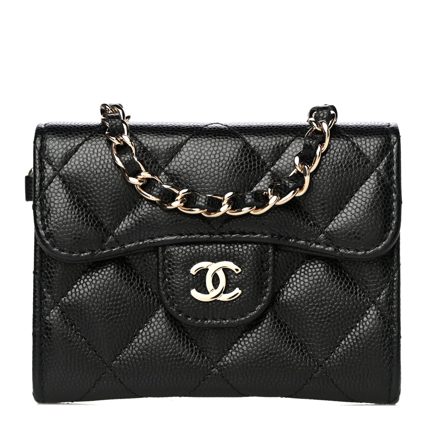 Caviar Quilted Flap Card Holder Chain Wristlet Black