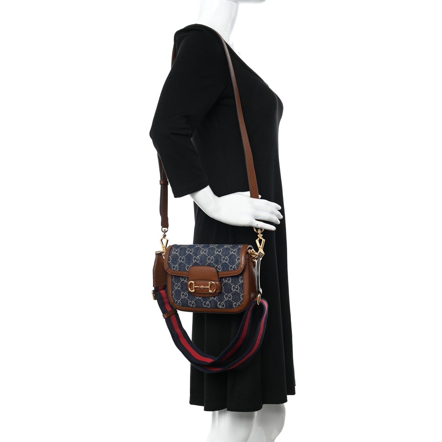 New Denim GG Monogram Dollar Calfskin Web Mini Horsebit 1955 Shoulder Bag Blue Tea Cuir Epilog