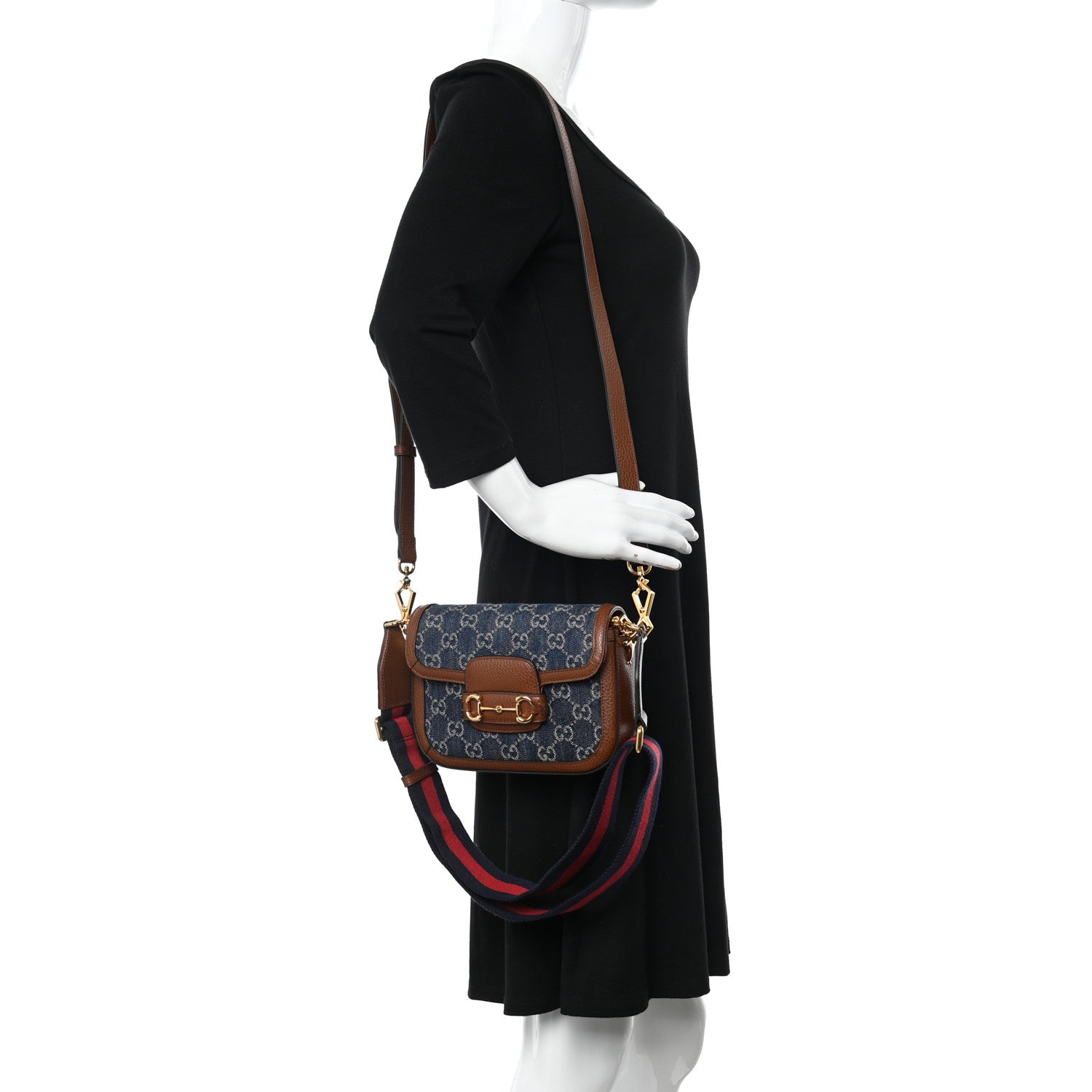 Gucci New Denim GG Monogram Dollar Calfskin Web Mini Horsebit 1955 Shoulder Bag Blue Tea Cuir Epilog 2 of 10