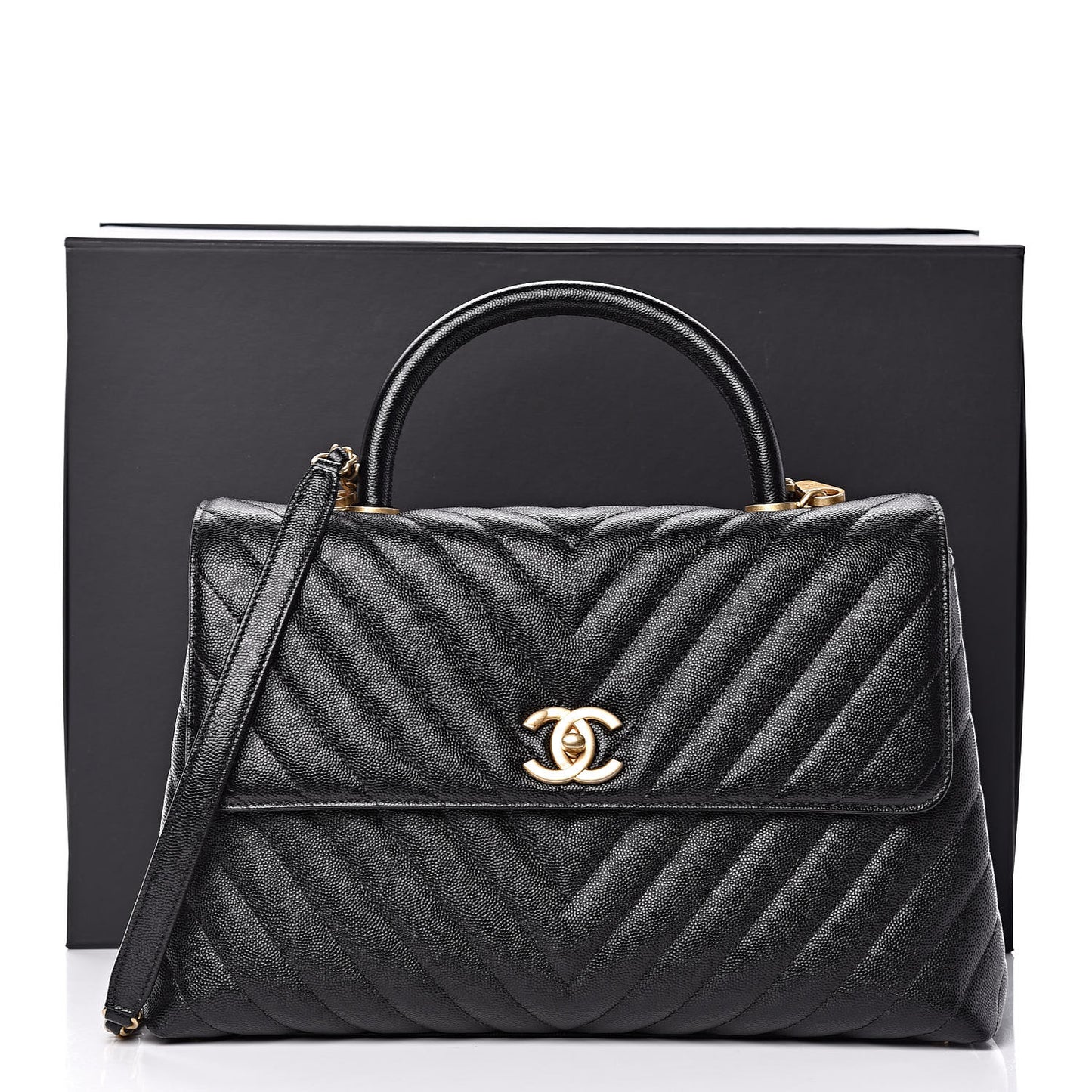 Caviar Chevron Quilted Medium Coco Handle Flap Black