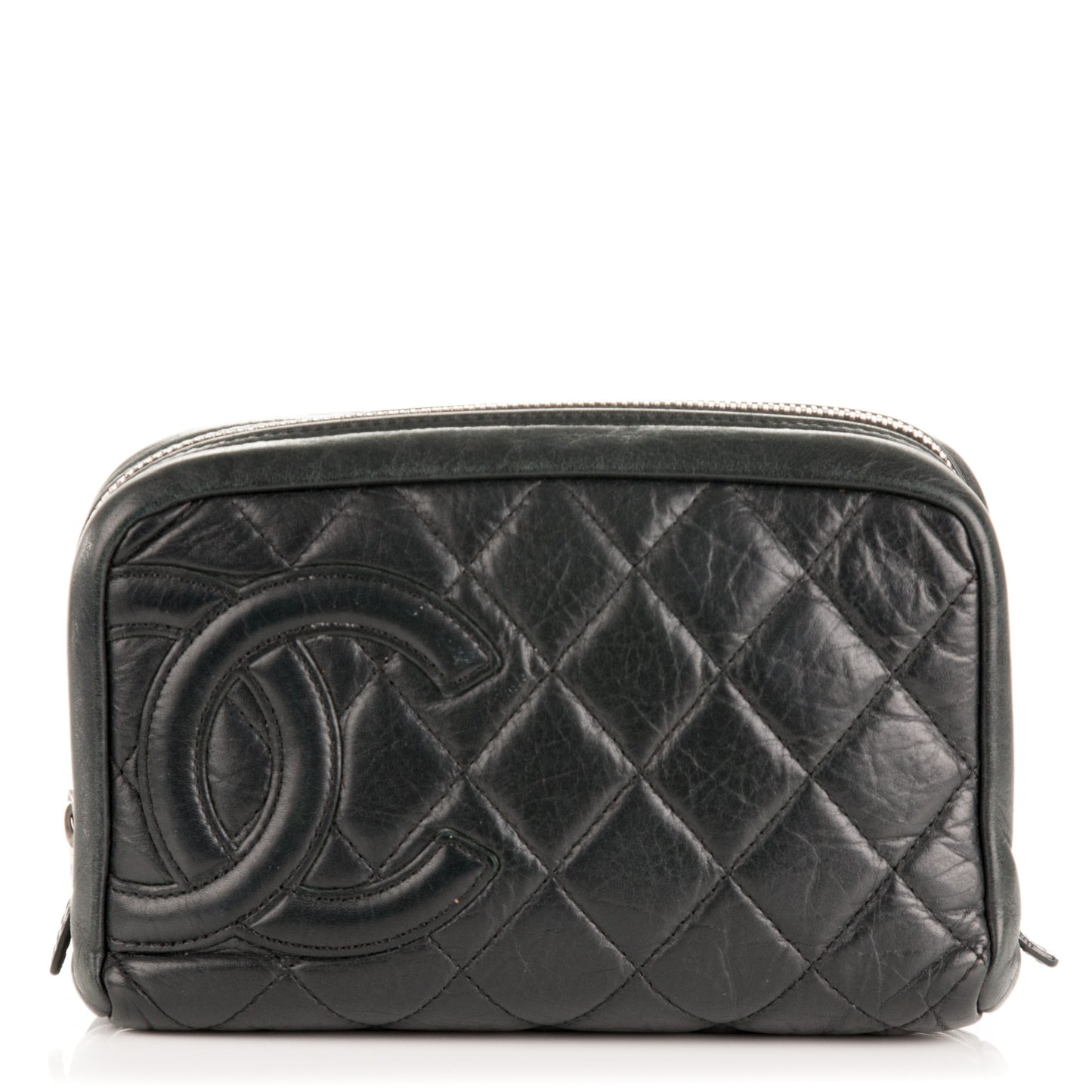 Aged Calfskin Quilted Cambon Cosmetic Case Black