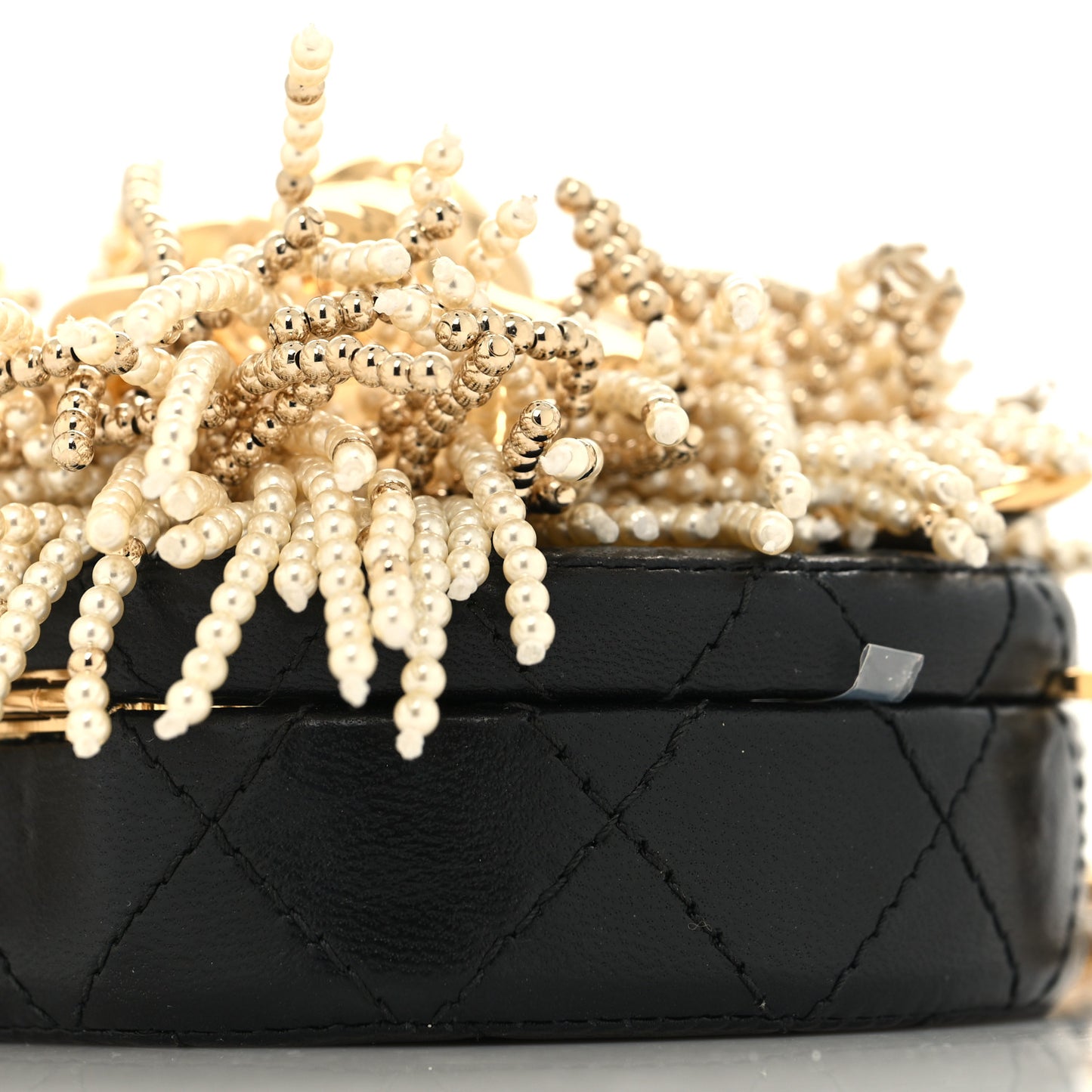 Lambskin Pearl Crystal Lion Round Minaudiere Clutch Black Gold